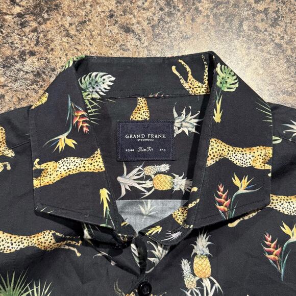 Grand Frank Mens Shirt Cheetah Statement Bold Safari Button Up Black 33/44 17.5 - Picture 3 of 5